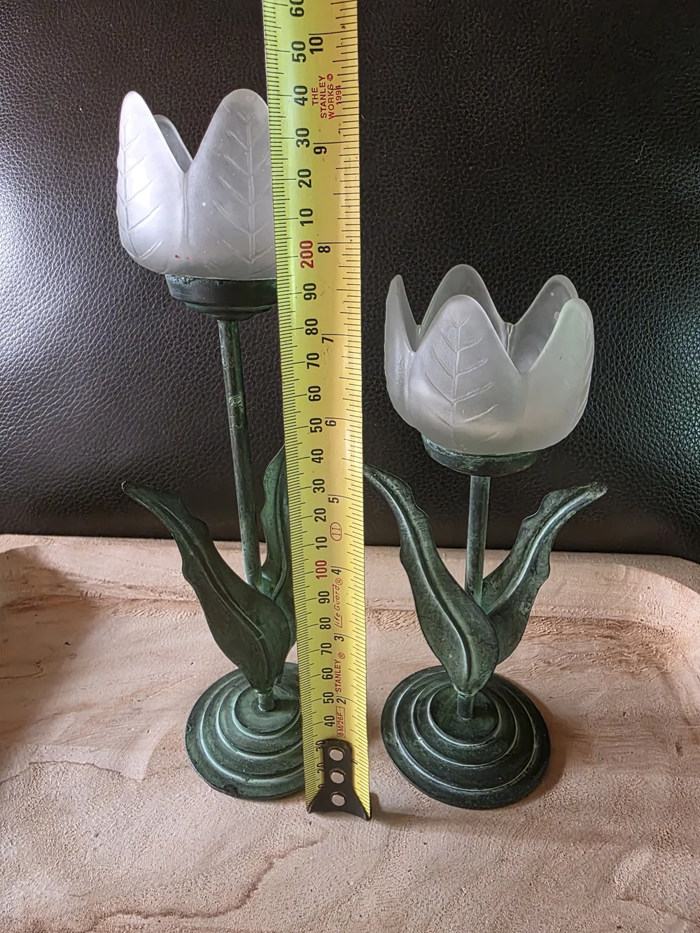 Glass Tulip Candle Holders in Frosted White and Patina Green - Home Accents
